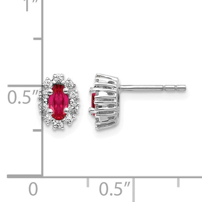 14K Weißgold Ohrringe mit echten Diamanten und Rubinen, oval, mit Halo-Fassung