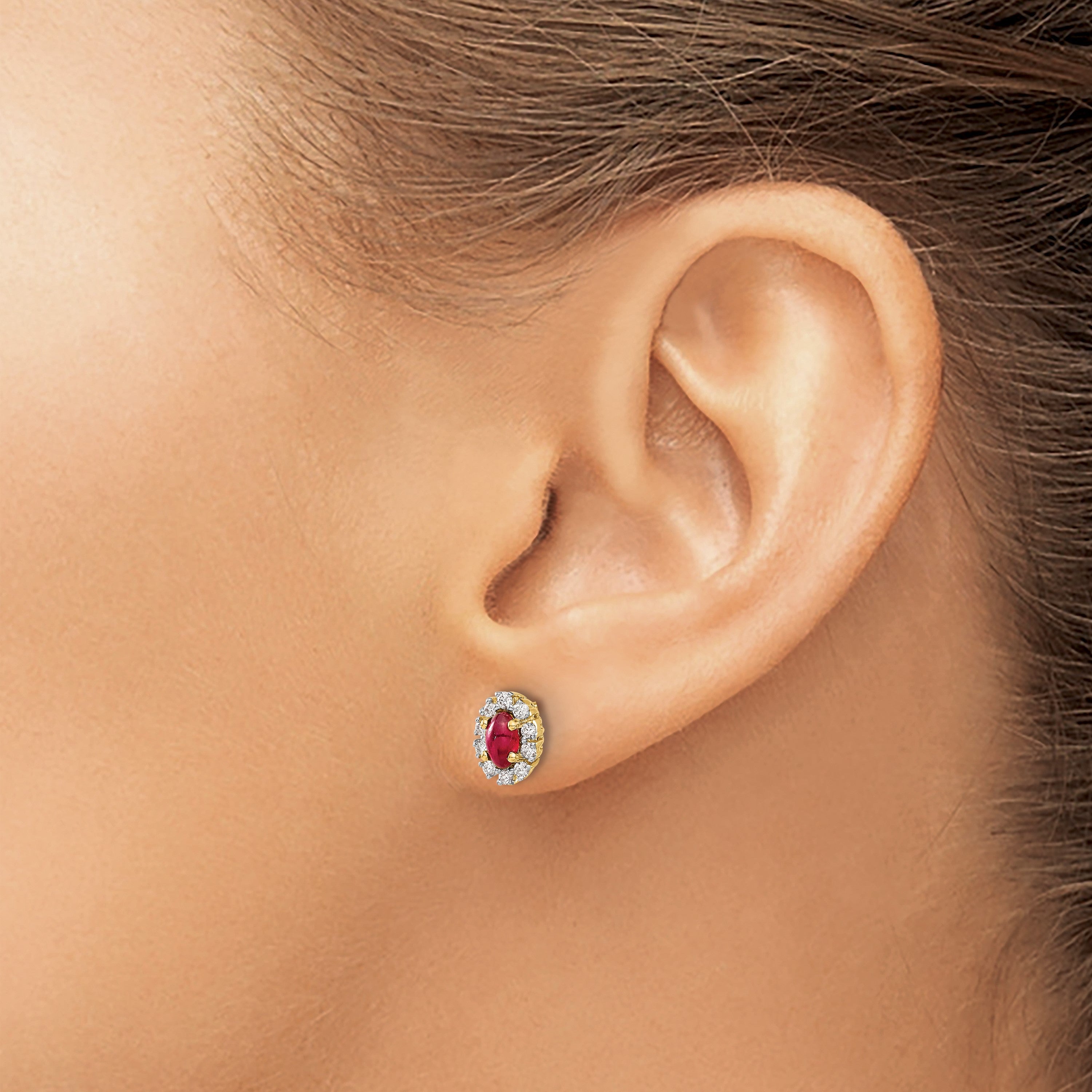 14K Gelbgold Ohrringe mit echtem Diamant und Rubin, oval, mit Halo-Fassung