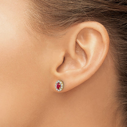 14K Gelbgold Ohrringe mit echtem Diamant und Rubin, oval, mit Halo-Fassung