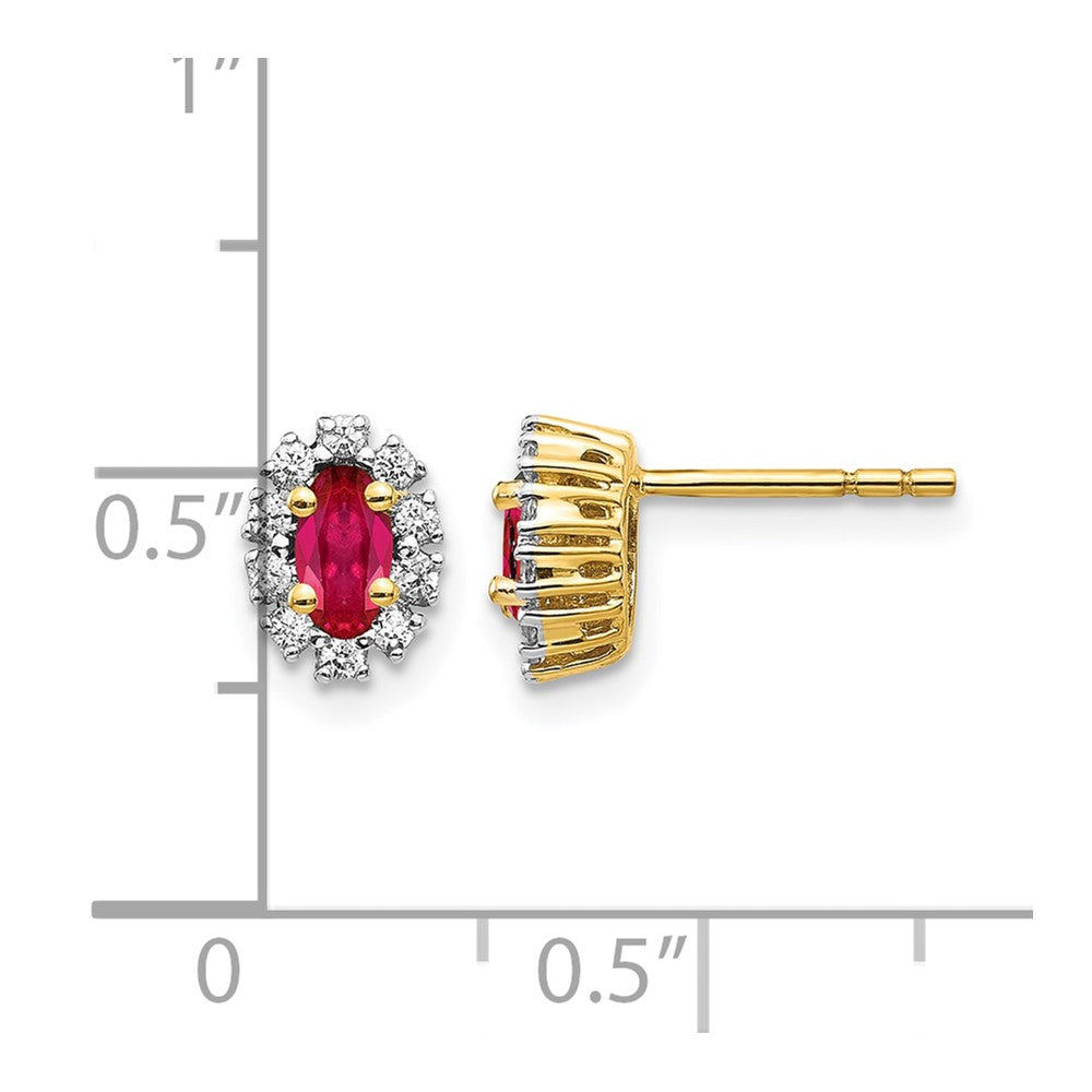 14K Gelbgold Ohrringe mit echtem Diamant und Rubin, oval, mit Halo-Fassung
