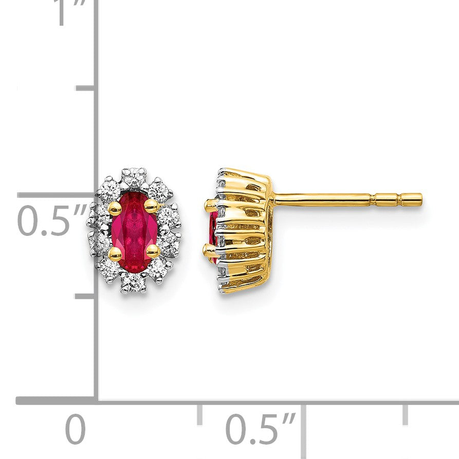 14K Gelbgold Ohrringe mit echtem Diamant und Rubin, oval, mit Halo-Fassung