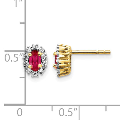 14K Gelbgold Ohrringe mit echtem Diamant und Rubin, oval, mit Halo-Fassung