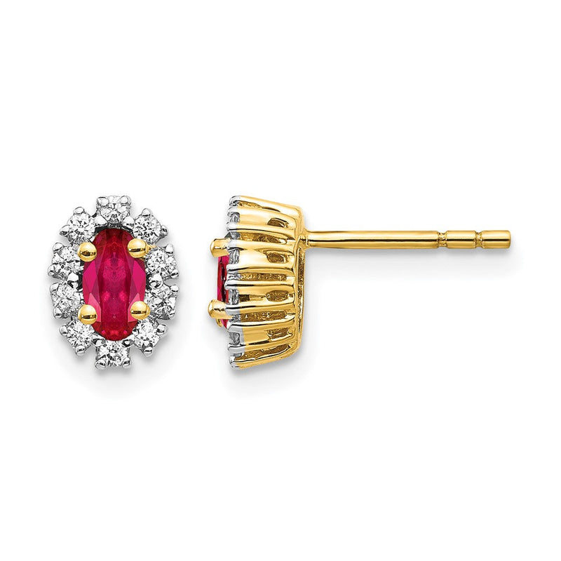 14K Gelbgold Ohrstecker mit 0,2 ct. laborgezüchteten Diamanten VS/SI+ G+ und ovalem gezüchtetem Rubin, Halo-Design