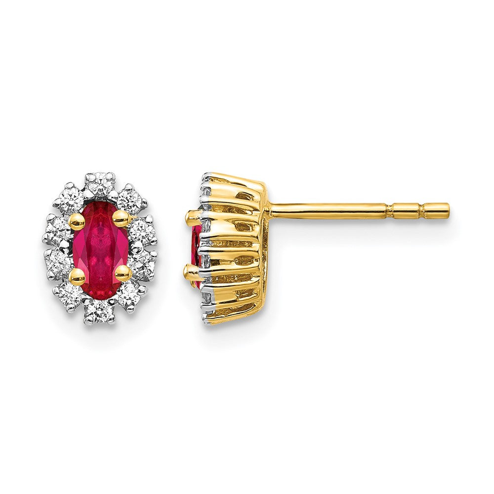 14K Gelbgold Ohrringe mit echtem Diamant und Rubin, oval, mit Halo-Fassung