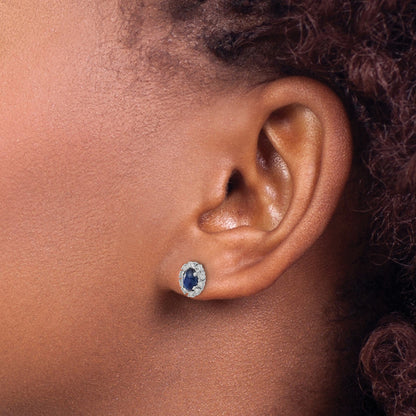 14K Weißgold Ohrringe mit ovalem Halo aus echten Diamanten und Saphiren