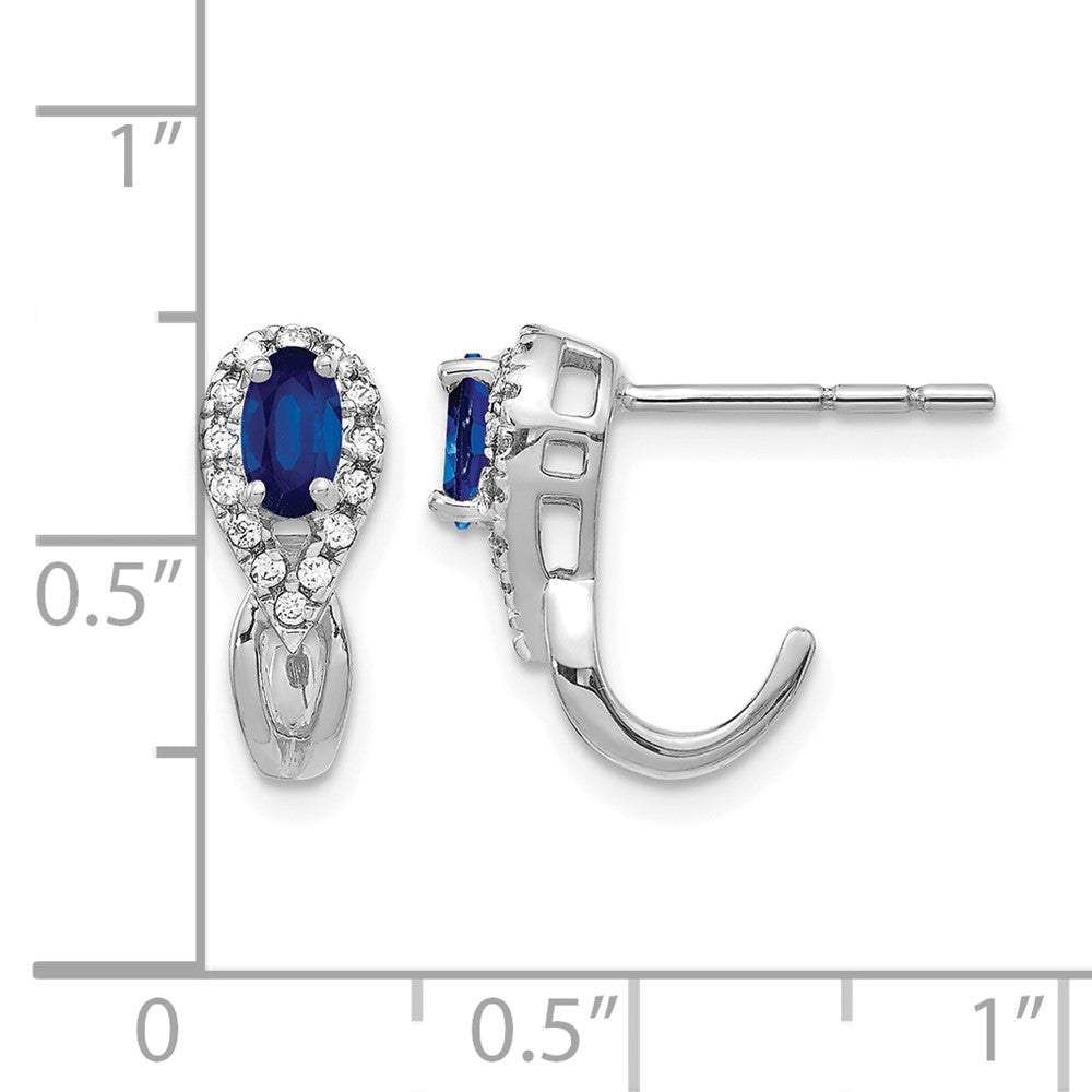 14K Weißgold Creolen mit echten Diamanten und Saphiren, J-Form, mit Steckverschluss