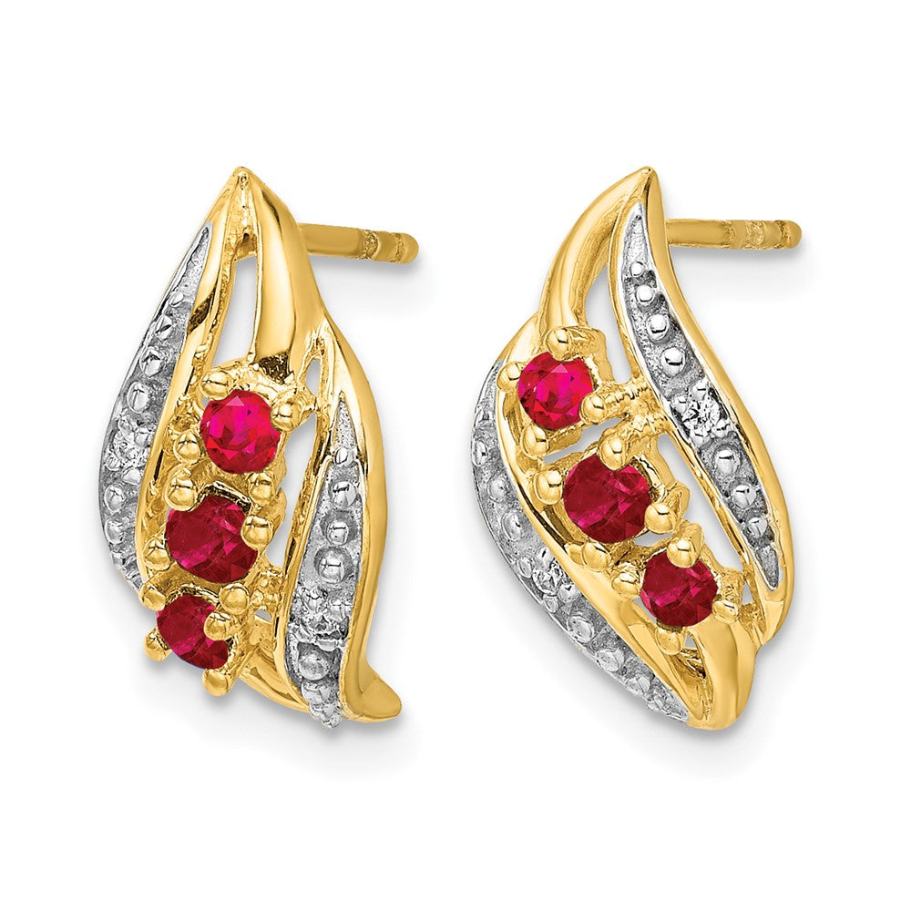 14K Gelbgold Ohrringe mit Siam-Rubin und echten Diamanten, poliert, mit Poststecker