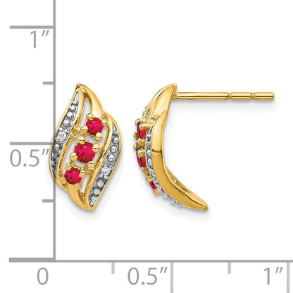 14K Gelbgold Ohrringe mit Siam-Rubin und echten Diamanten, poliert, mit Poststecker