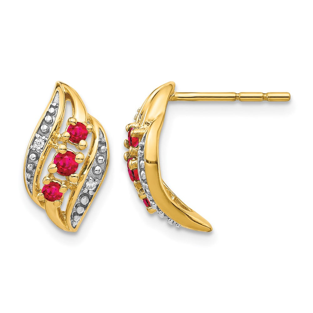 14K Gelbgold Ohrringe mit Siam-Rubin und echten Diamanten, poliert, mit Poststecker