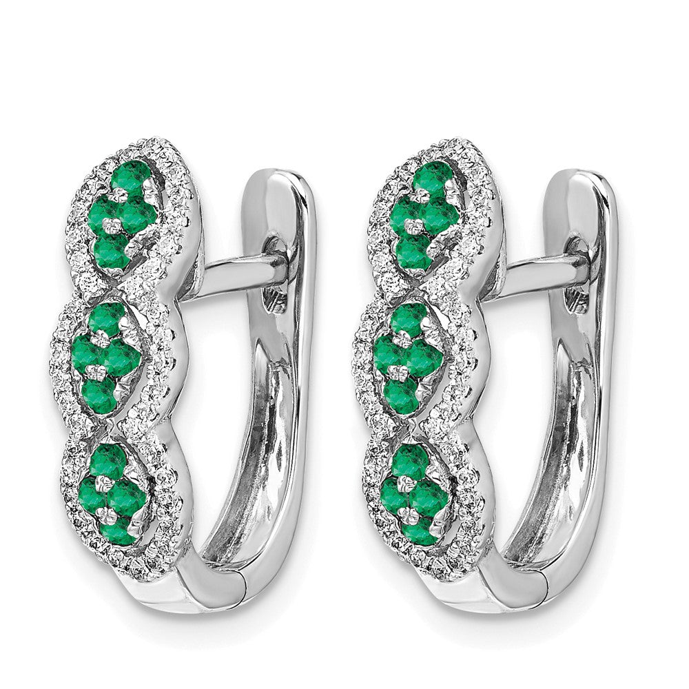 14K Weißgold Creolen mit echtem Diamant und Smaragd, mit Scharniermechanismus