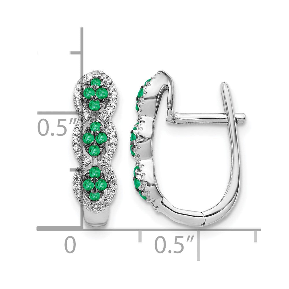 14K Weißgold Creolen mit echtem Diamant und Smaragd, mit Scharniermechanismus