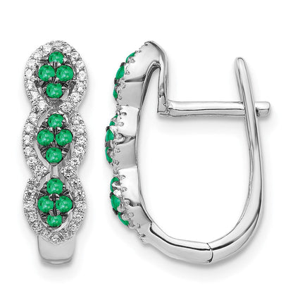14K Weißgold Creolen mit echtem Diamant und Smaragd, mit Scharniermechanismus