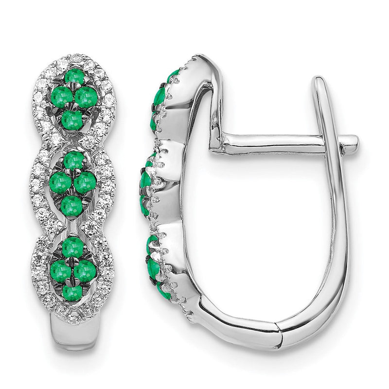 14K Weißgold Creolen mit echtem Diamant und Smaragd, mit Scharniermechanismus