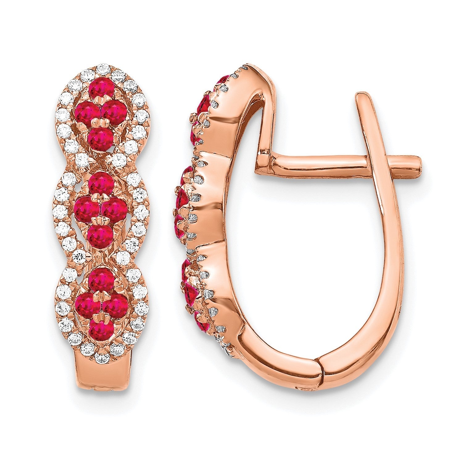 14K Roségold Ohrringe mit Klappscharnier, echten Diamanten und Rubinen