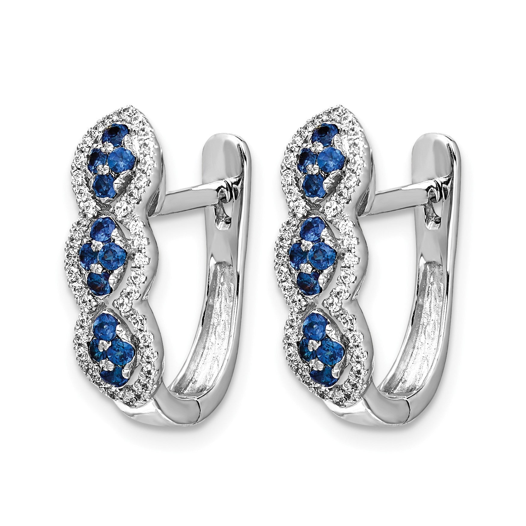 14K Weißgold Ohrringe mit echten Diamanten und blauen Saphiren, mit Scharnier