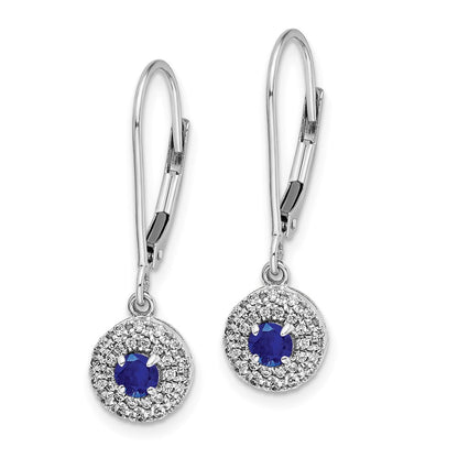 14K Weißgold Ohrhänger mit echtem Diamant-Halo und Saphir, mit Leverback-Verschluss