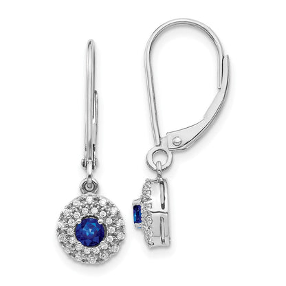 14K Weißgold Ohrhänger mit echtem Diamant-Halo und Saphir, mit Leverback-Verschluss