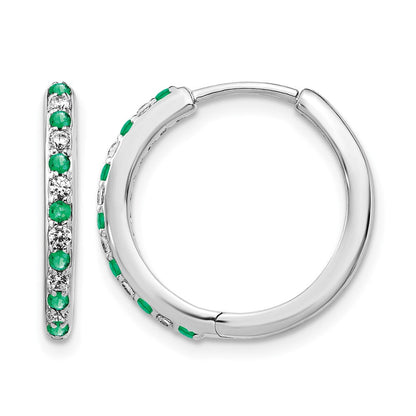 14K Weißgold Creolen mit echten Diamanten und Smaragden, mit Scharnier