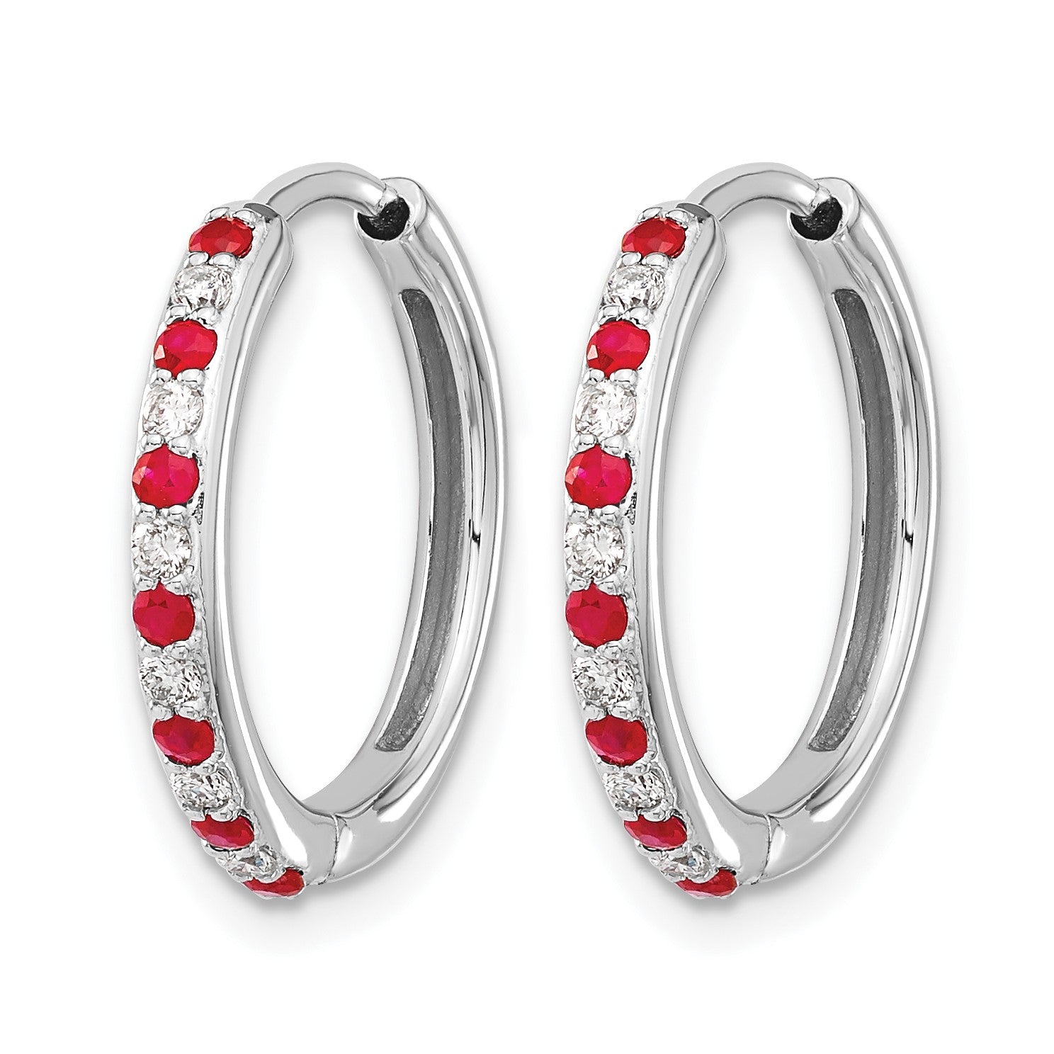 14K Weißgold Creolen mit Klappscharnier, echtem Diamant und Rubin