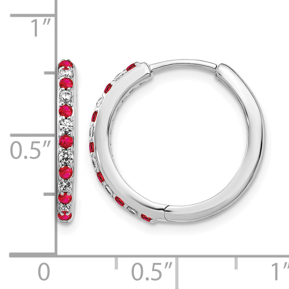 14K Weißgold Creolen mit Klappscharnier, echtem Diamant und Rubin