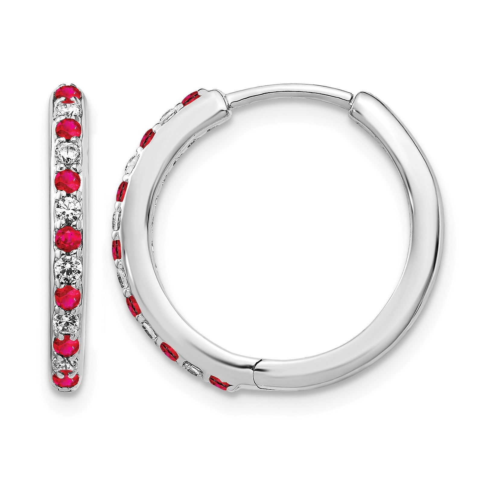 14K Weißgold Creolen mit Klappscharnier, echtem Diamant und Rubin
