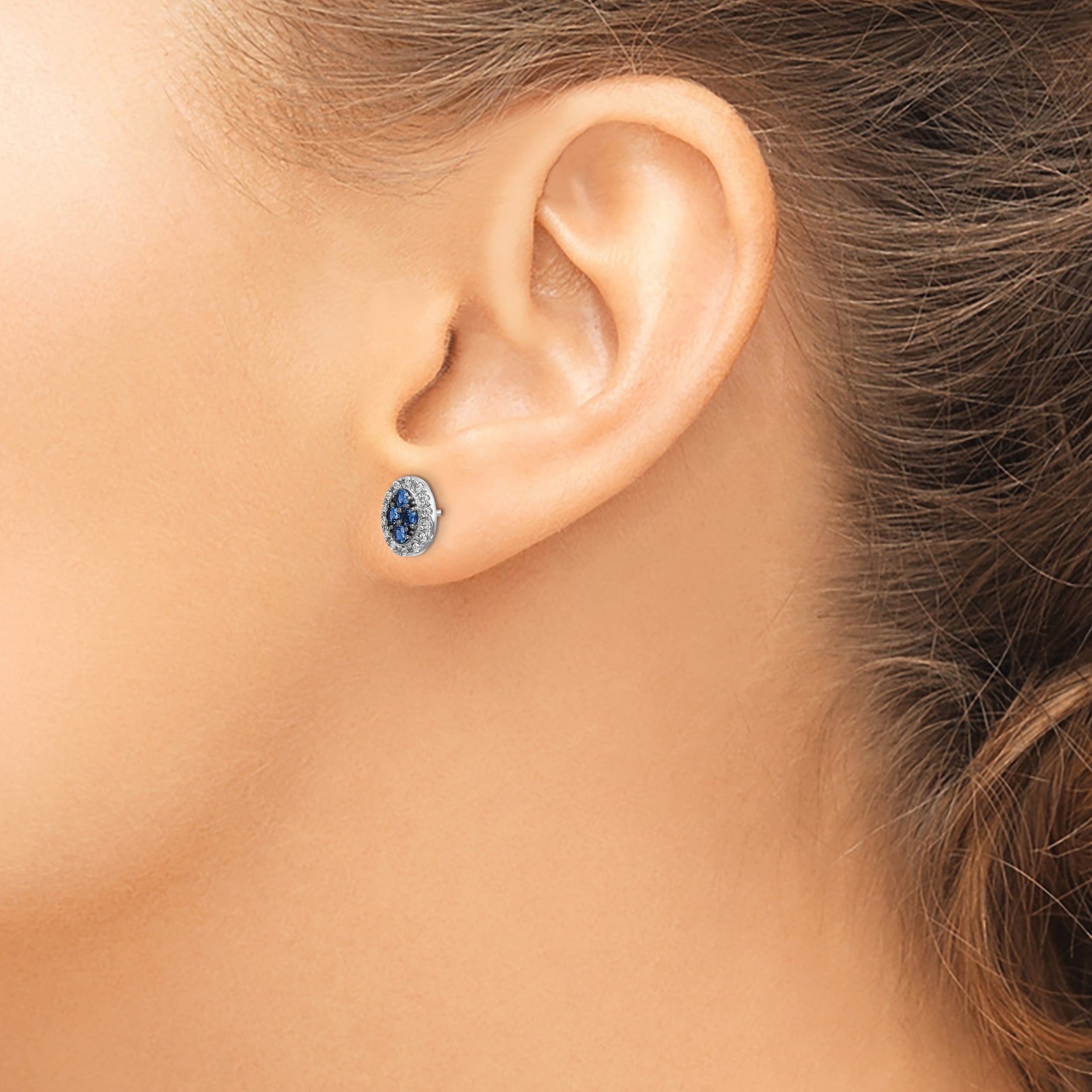 14K Weißgold Ohrstecker mit ovalem echtem Diamant und Saphir