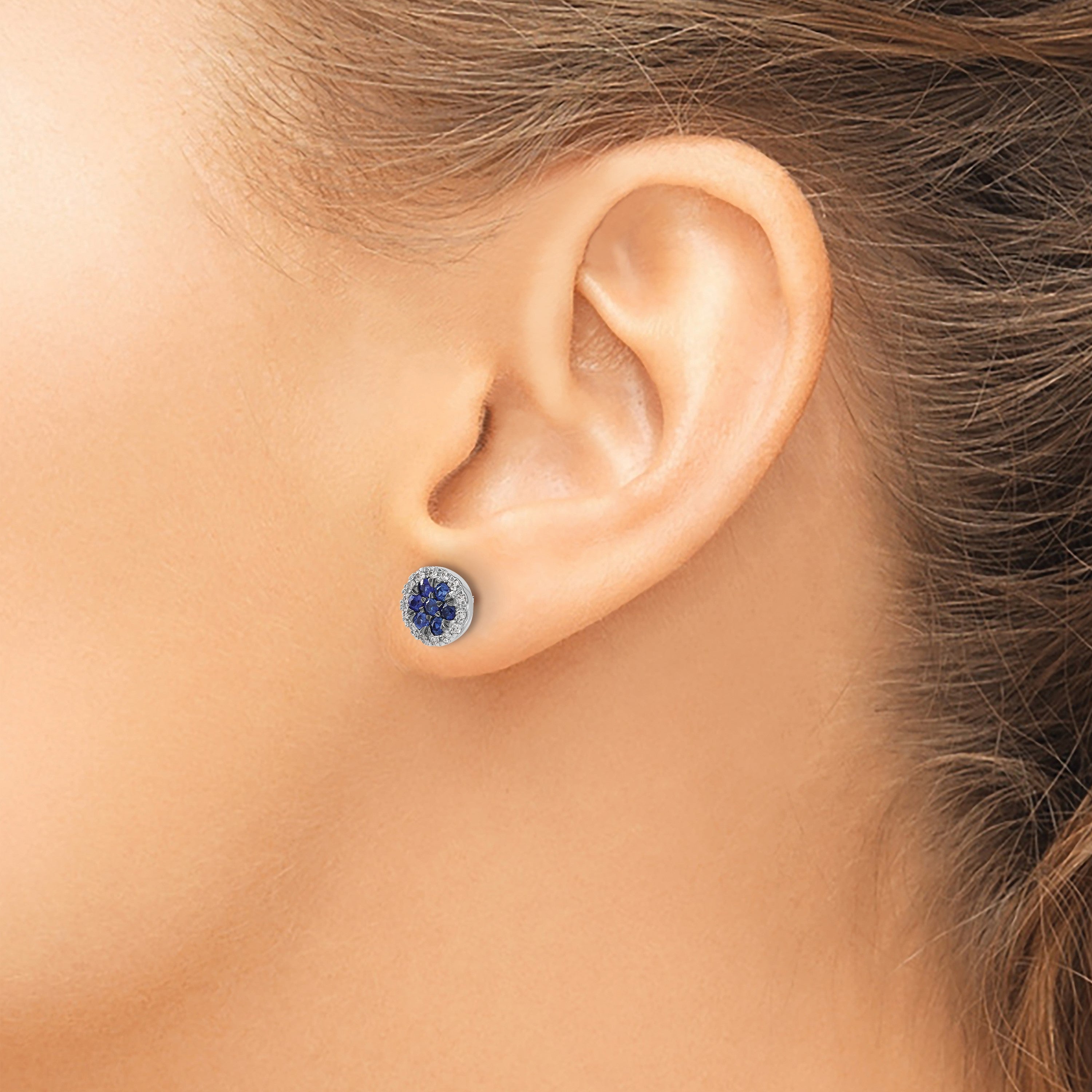 14K Weißgold Ohrstecker mit runden echten Diamanten und Saphiren