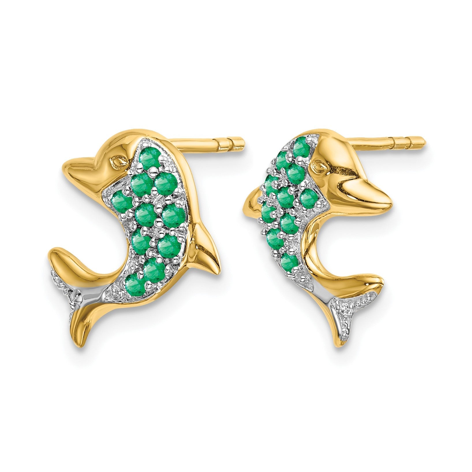 14K Gelbgold und Rhodium Delfin-Ohrstecker mit Smaragd und echten Diamanten