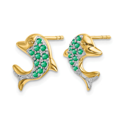14K Gelbgold und Rhodium Delfin-Ohrstecker mit Smaragd und echten Diamanten