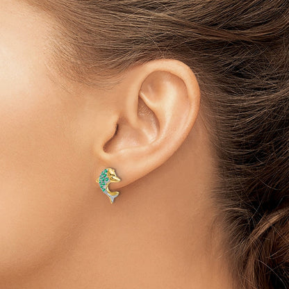 14K Gelbgold und Rhodium Delfin-Ohrstecker mit Smaragd und echten Diamanten