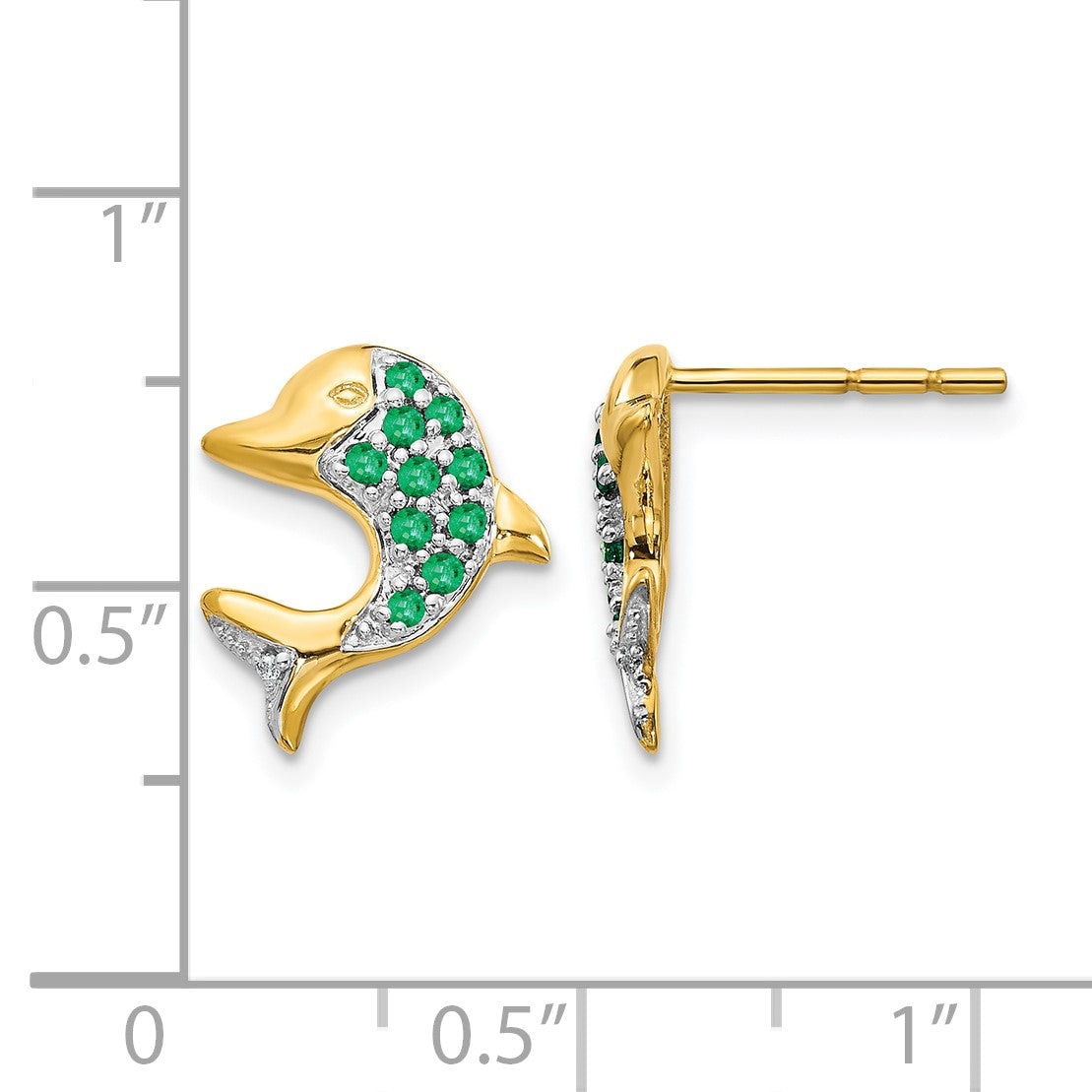 14K Gelbgold und Rhodium Delfin-Ohrstecker mit Smaragd und echten Diamanten