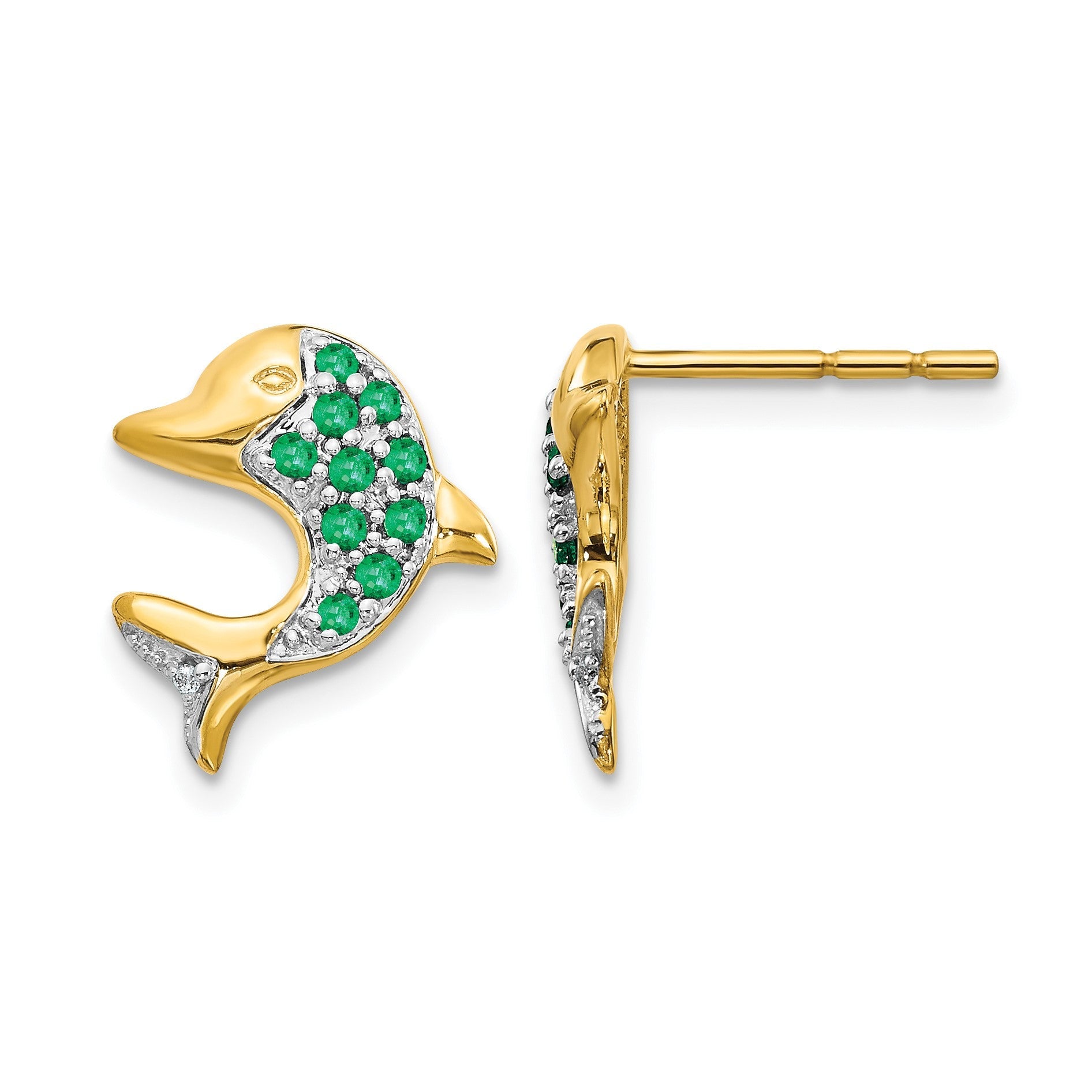 14K Gelbgold und Rhodium Delfin-Ohrstecker mit Smaragd und echten Diamanten