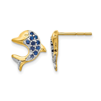 14K Gelbgold mit Rhodium Delfin-Ohrstecker mit Marquise-Saphir und echten Diamanten