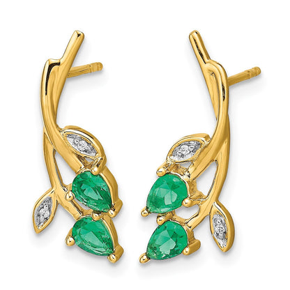 14K Gelbgold Ohrstecker mit echten Diamanten und birnenförmigen Smaragden im Blumendesign