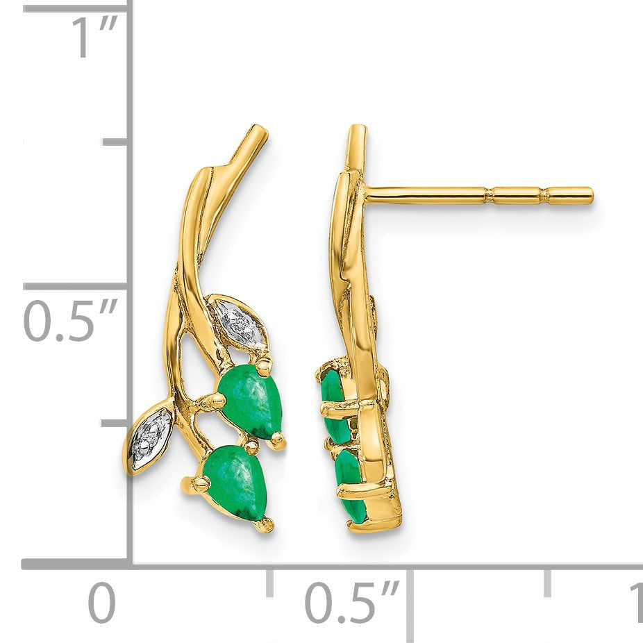 14K Gelbgold Ohrstecker mit echten Diamanten und birnenförmigen Smaragden im Blumendesign