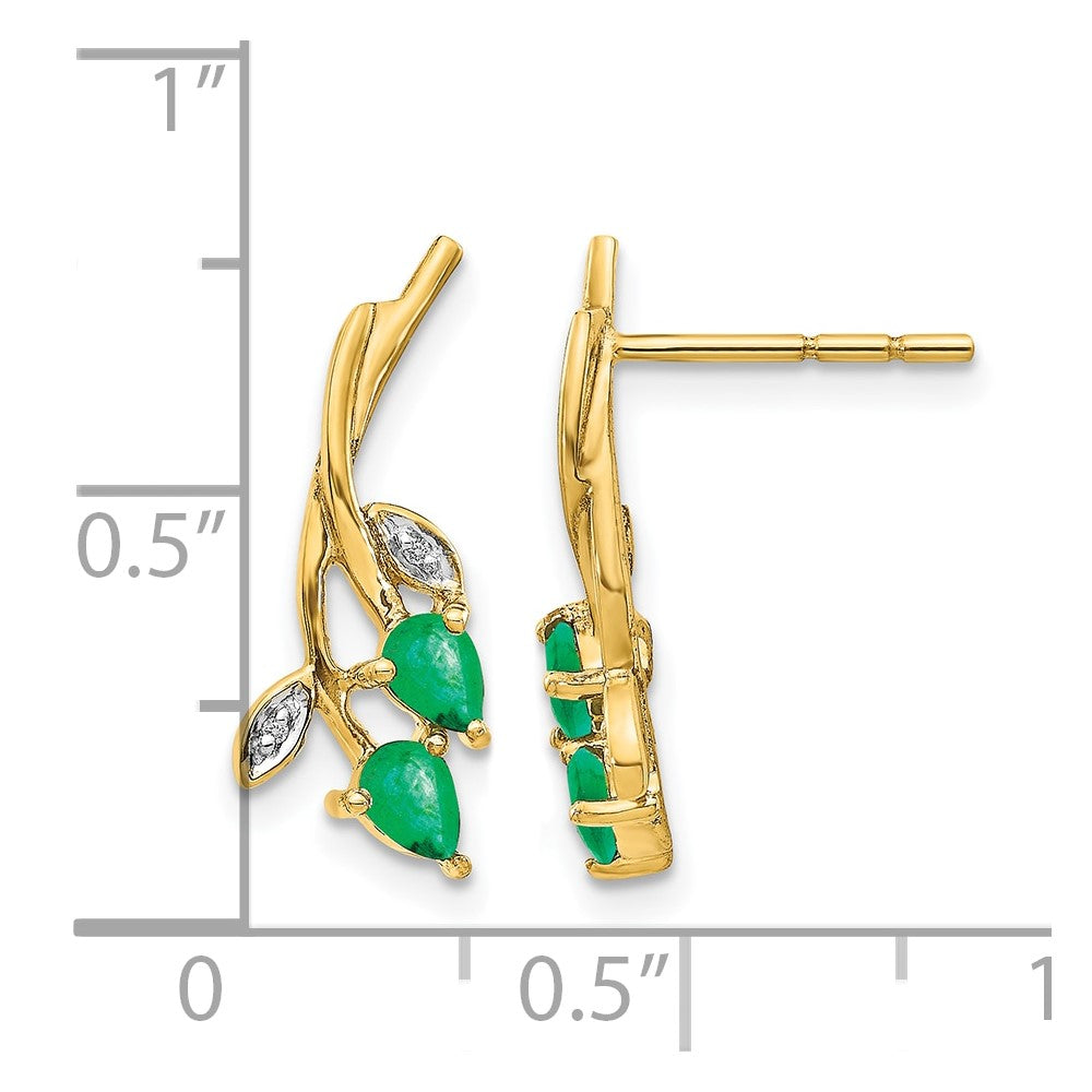 14K Gelbgold Ohrstecker mit echten Diamanten und birnenförmigen Smaragden im Blumendesign