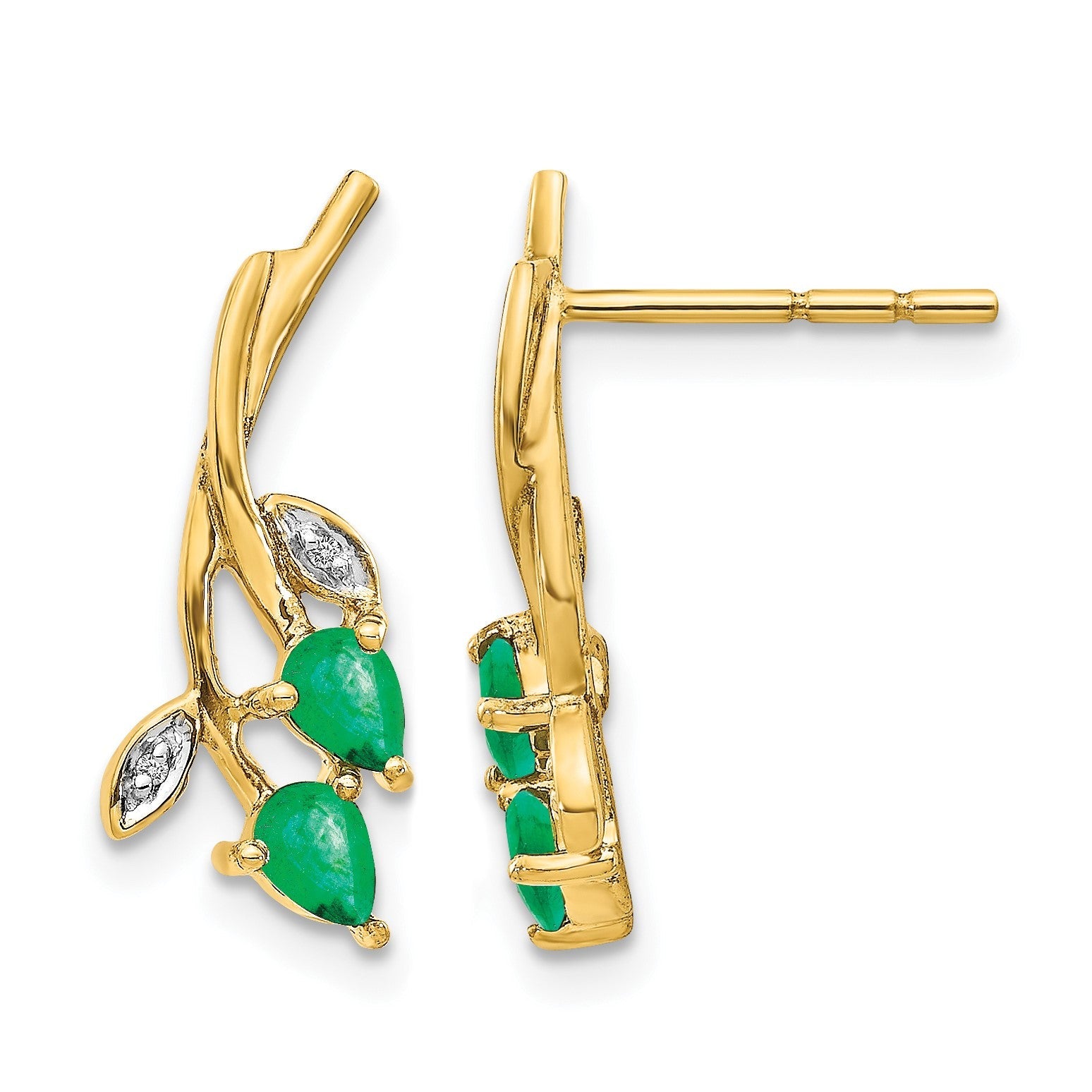 14K Gelbgold Ohrstecker mit echten Diamanten und birnenförmigen Smaragden im Blumendesign