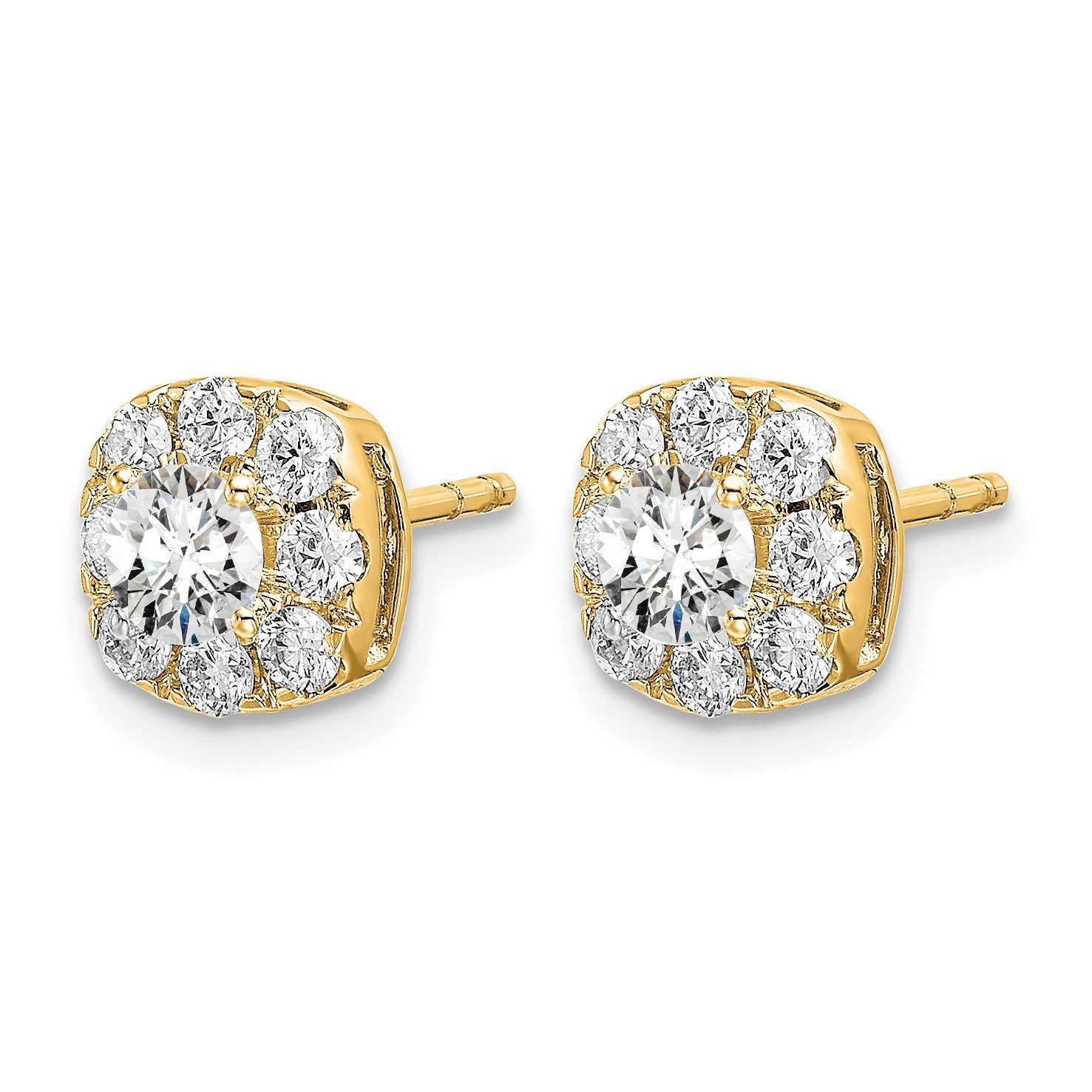 14K Gelbgold Ohrstecker mit 1 ct. Labordiamant im Kissenschliff, Halo-Fassung, komplett, VS/SI+ G+
