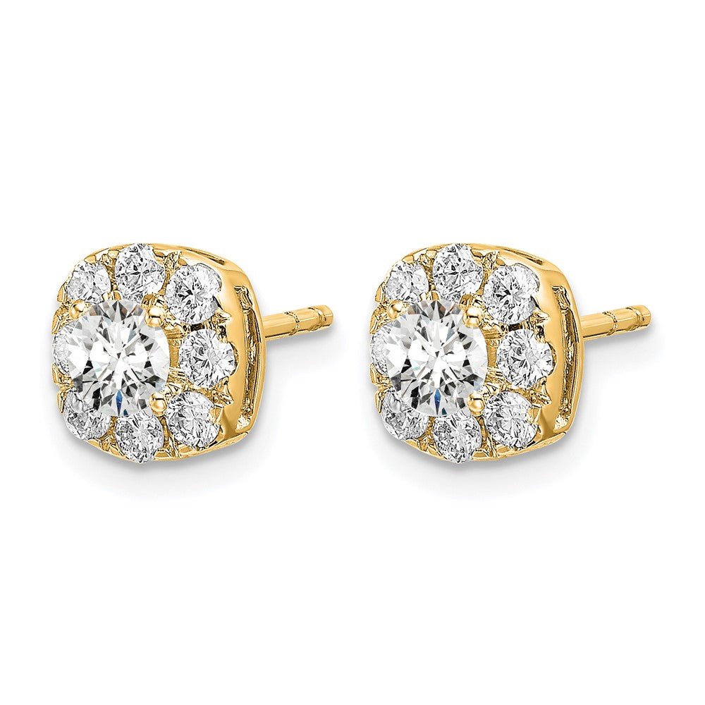14K Gelbgold Ohrstecker mit 1 ct. Labordiamant im Kissenschliff, Halo-Fassung, komplett, VS/SI+ G+