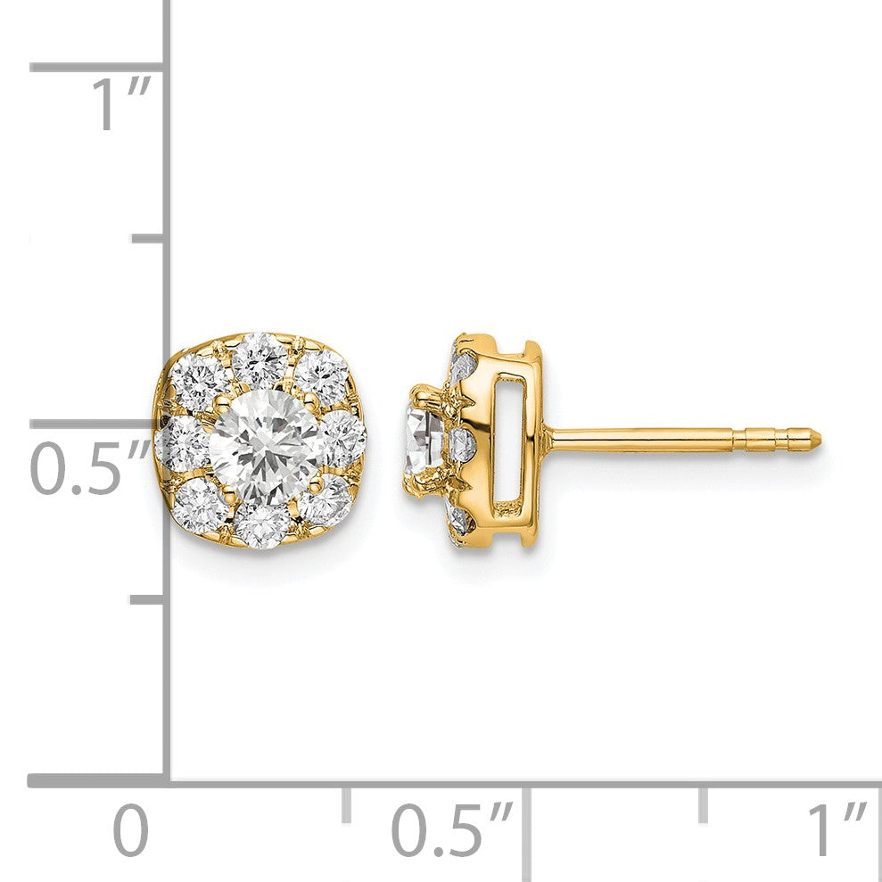 14K Gelbgold Ohrstecker mit 1 ct. Labordiamant im Kissenschliff, Halo-Fassung, komplett, VS/SI+ G+