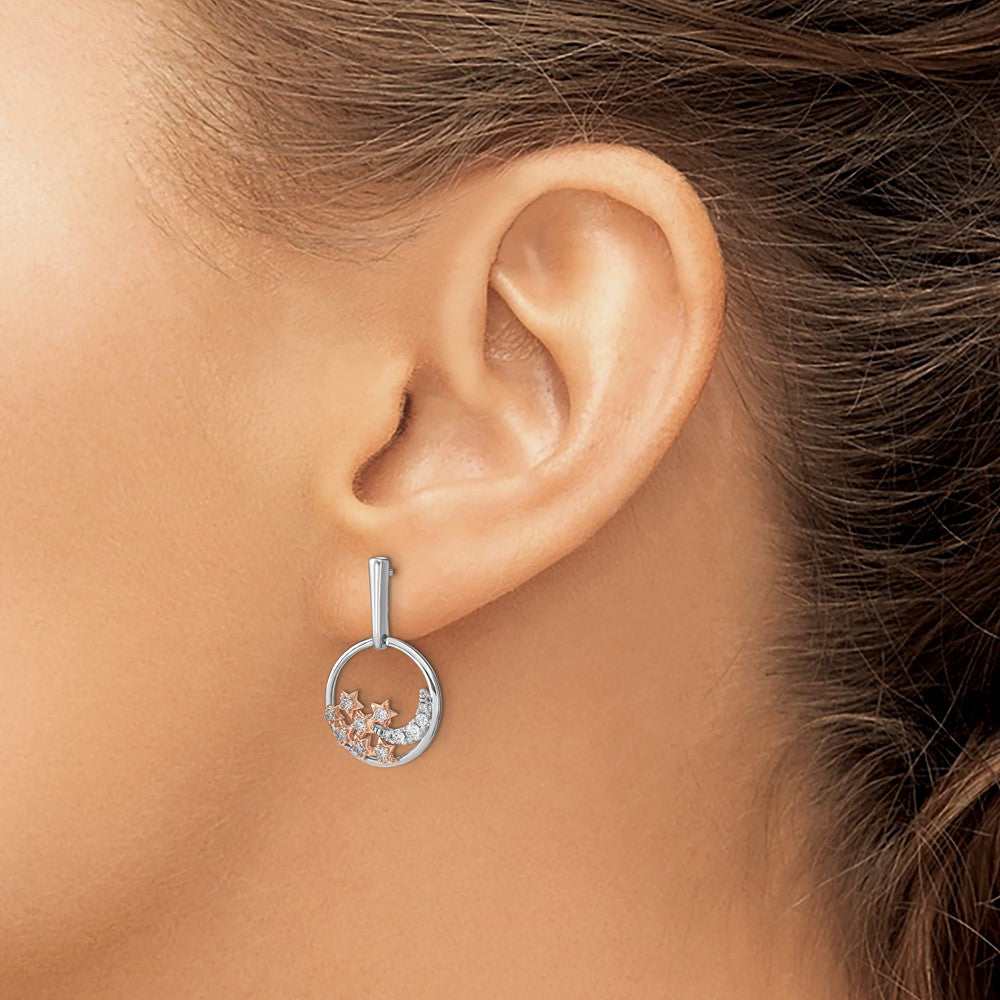 14K Gelbgold Zweifarbig Mond- und Sterne-Kreis Echte Diamant-Ohrstecker