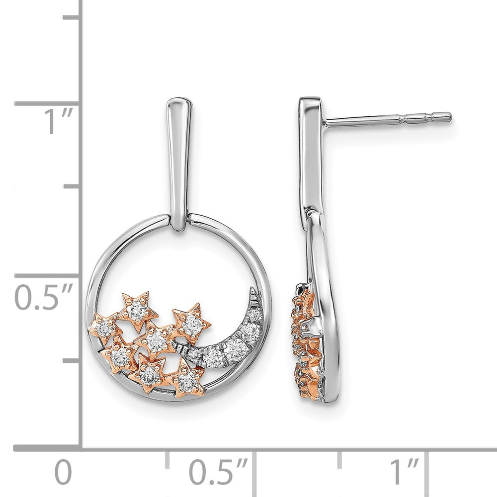 14K Gelbgold Zweifarbig Mond- und Sterne-Kreis Echte Diamant-Ohrstecker