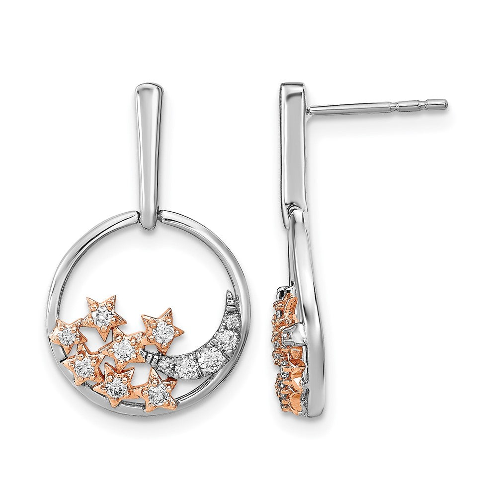 14K Gelbgold Zweifarbig Mond- und Sterne-Kreis Echte Diamant-Ohrstecker