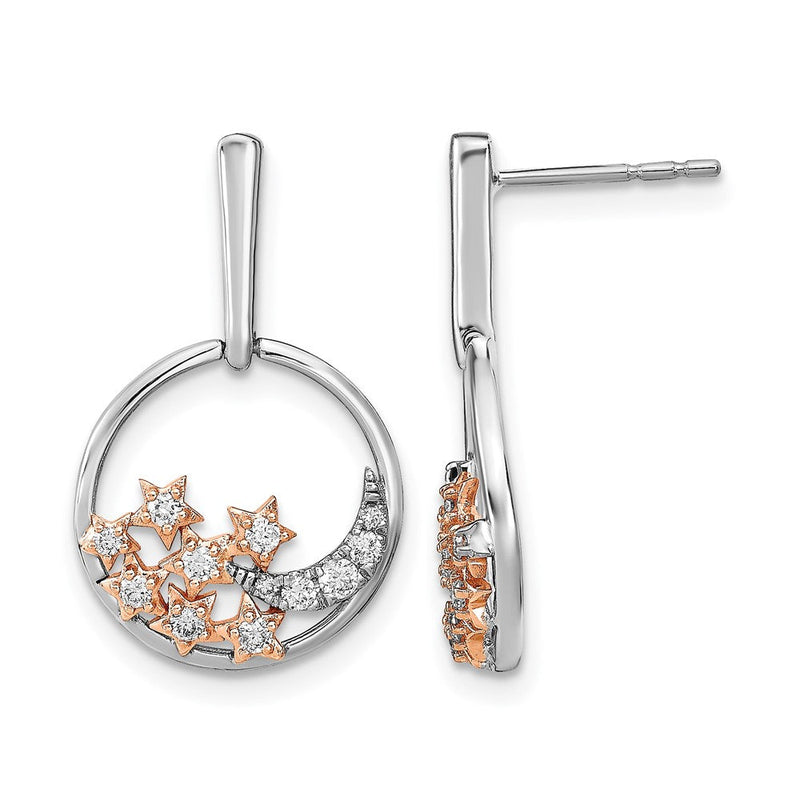 14K Gelbgold Zweifarbig Mond- und Sterne-Kreis Echte Diamant-Ohrstecker
