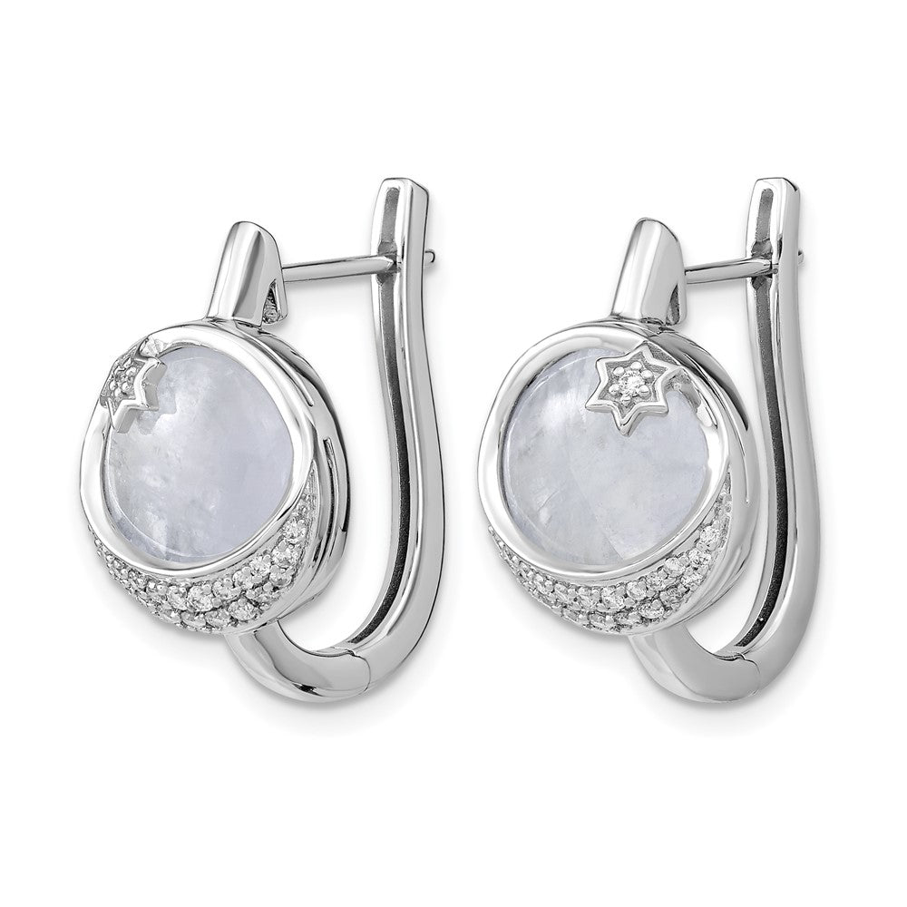 14K Weißgold Diamant- und Mondstein-Creolen mit Mond- und Stern-Motiv und Klappscharnier