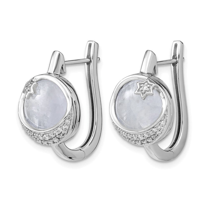 14K Weißgold Diamant- und Mondstein-Creolen mit Mond- und Stern-Motiv und Klappscharnier
