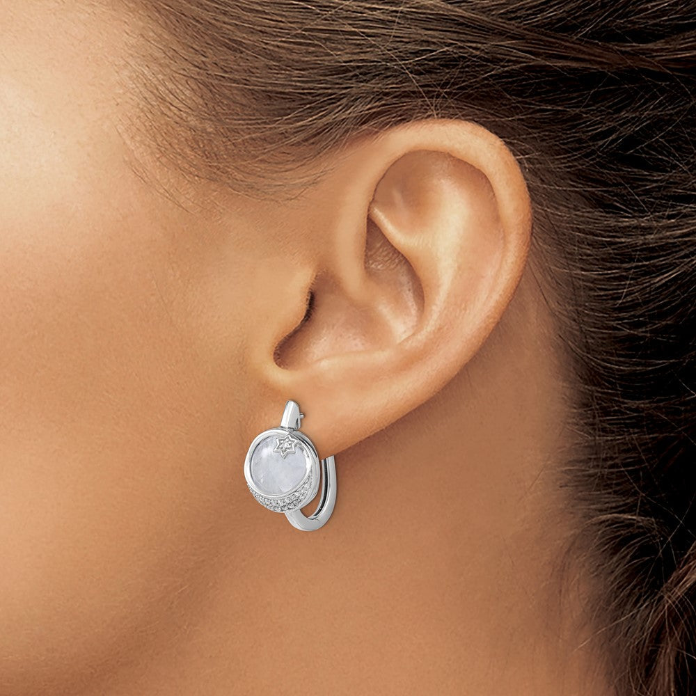 14K Weißgold Diamant- und Mondstein-Creolen mit Mond- und Stern-Motiv und Klappscharnier