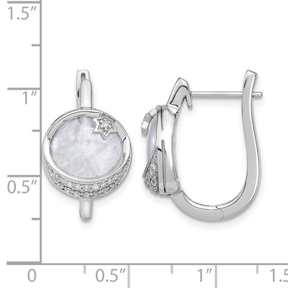 14K Weißgold Diamant- und Mondstein-Creolen mit Mond- und Stern-Motiv und Klappscharnier