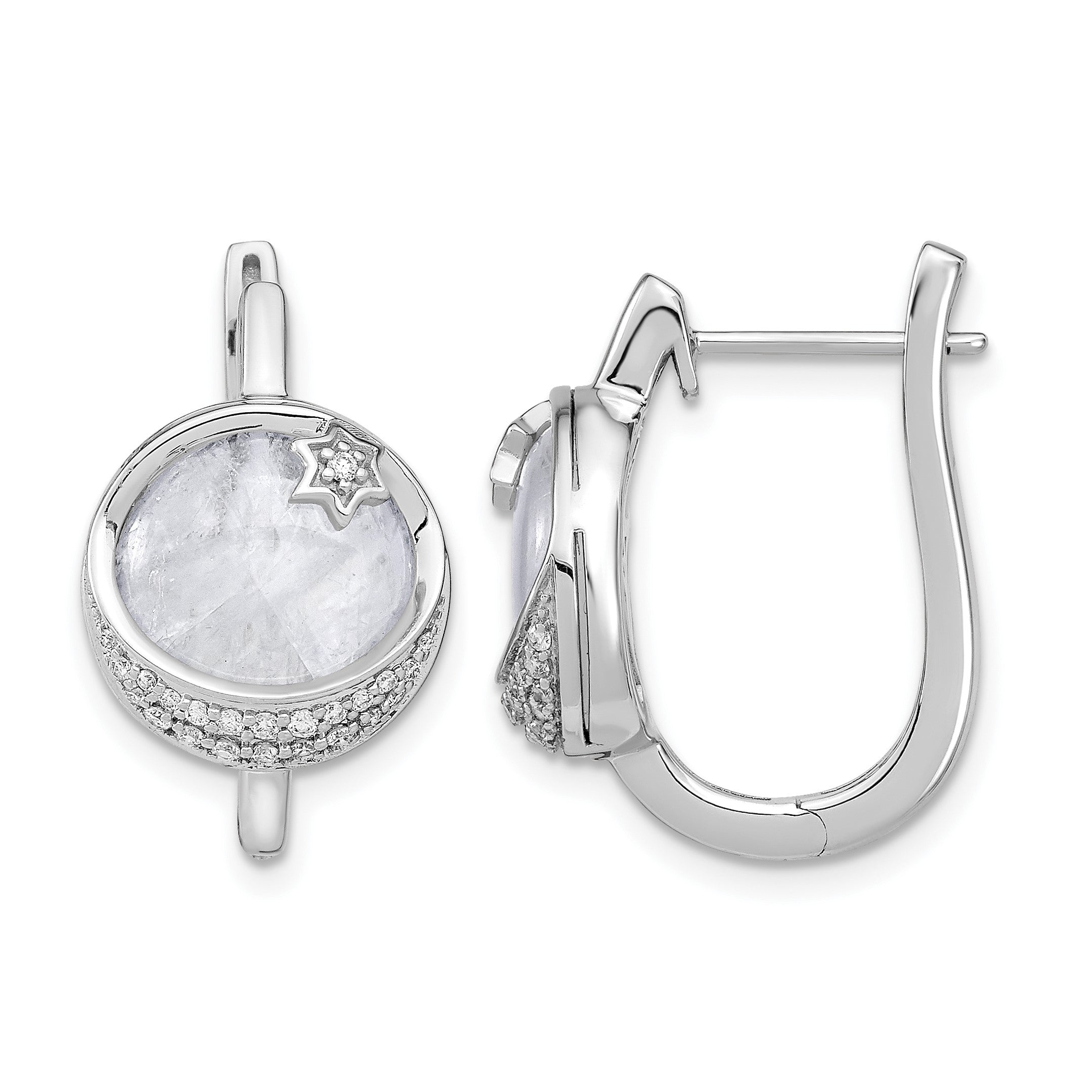 14K Weißgold Diamant- und Mondstein-Creolen mit Mond- und Stern-Motiv und Klappscharnier