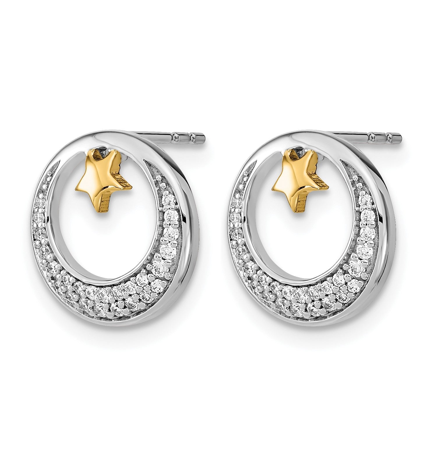 14K Gelbgold-Ohrstecker, zweifarbig, poliert, Mond und Sterne mit echten Diamanten